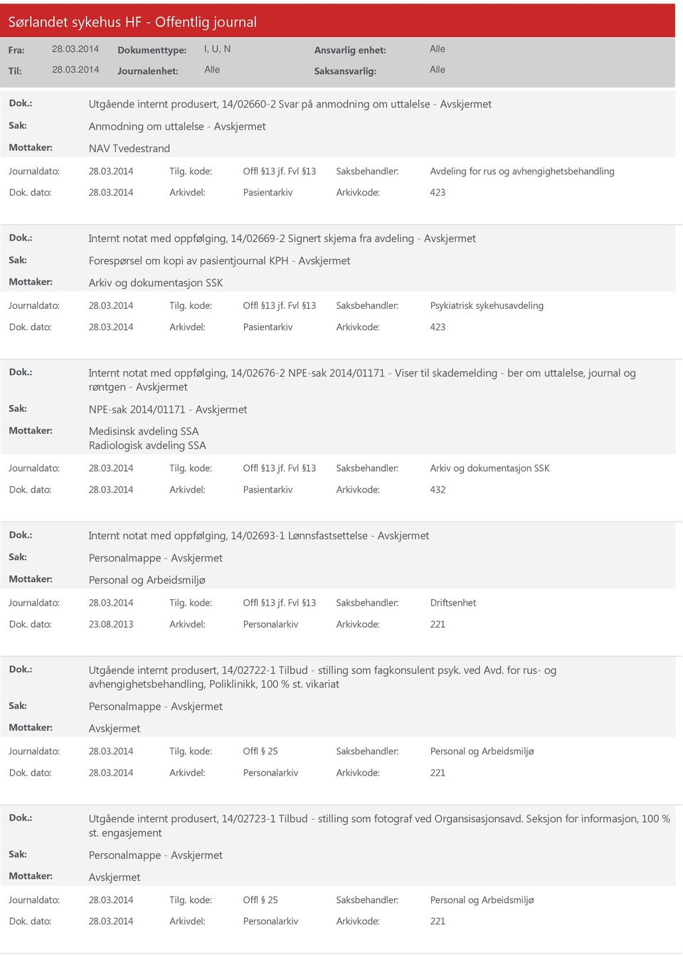 dato: Arkivdel: Pasientarkiv Arkivkode: 423 Internt notat med oppfølging, 14/02676-2 NPE-sak 2014/01171 - Viser til skademelding - ber om uttalelse, journal og røntgen - NPE-sak 2014/01171 -