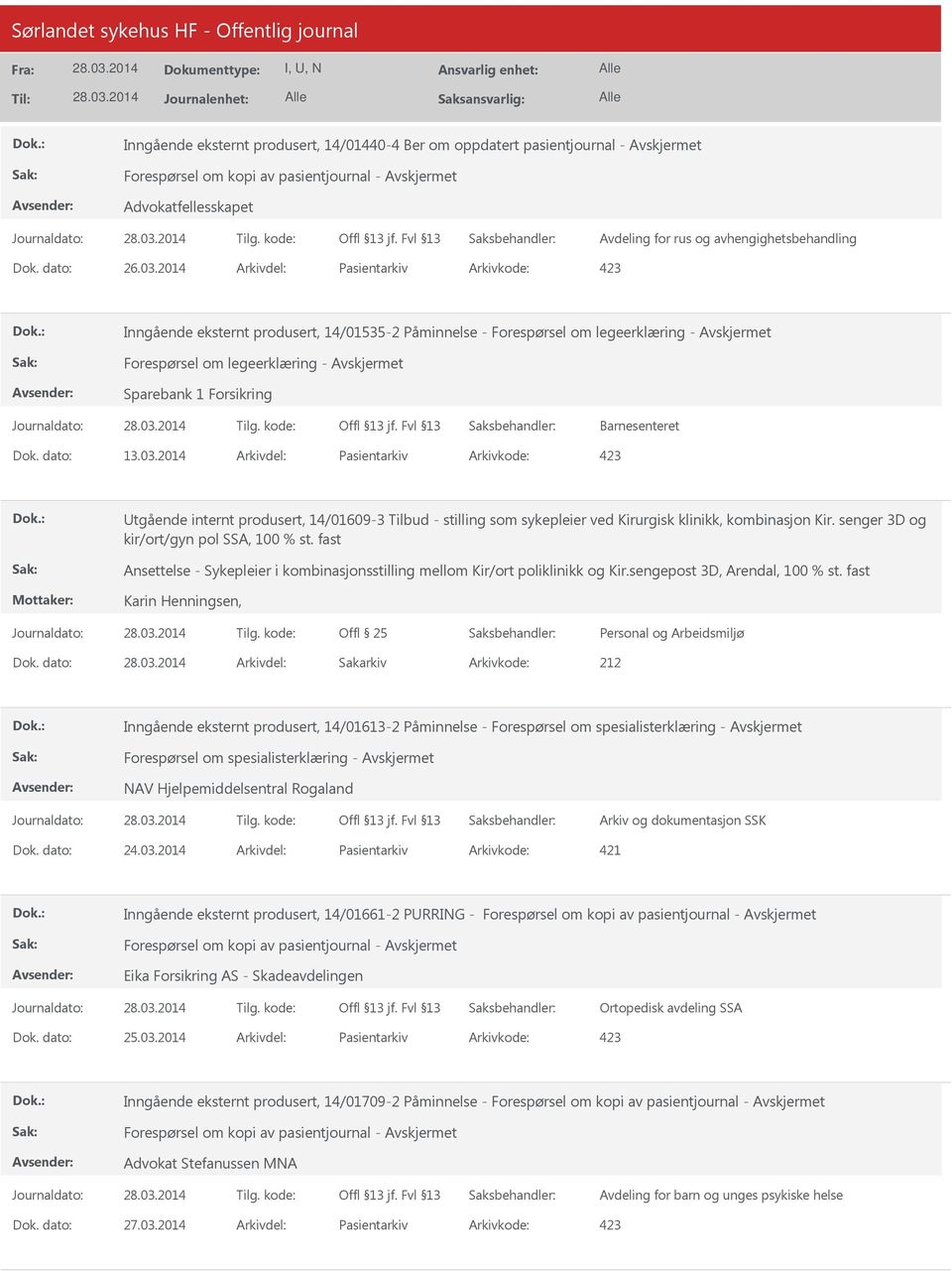 dato: 13.03.2014 Arkivdel: Pasientarkiv Arkivkode: 423 Utgående internt produsert, 14/01609-3 Tilbud - stilling som sykepleier ved Kirurgisk klinikk, kombinasjon Kir.