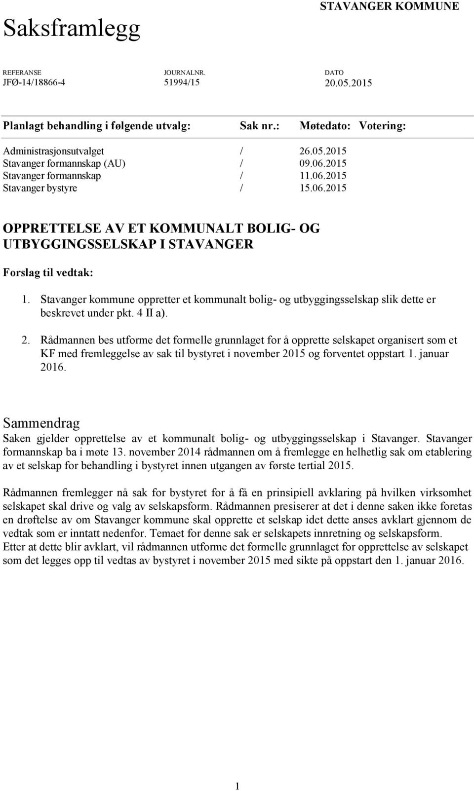 Stavanger kommune oppretter et kommunalt bolig- og utbyggingsselskap slik dette er beskrevet under pkt. 4 II a). 2.