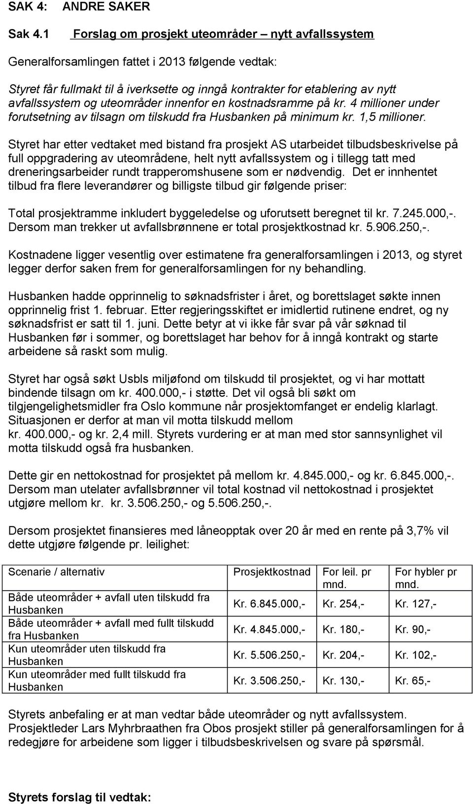 avfallssystem og uteområder innenfor en kostnadsramme på kr. 4 millioner under forutsetning av tilsagn om tilskudd fra Husbanken på minimum kr. 1,5 millioner.