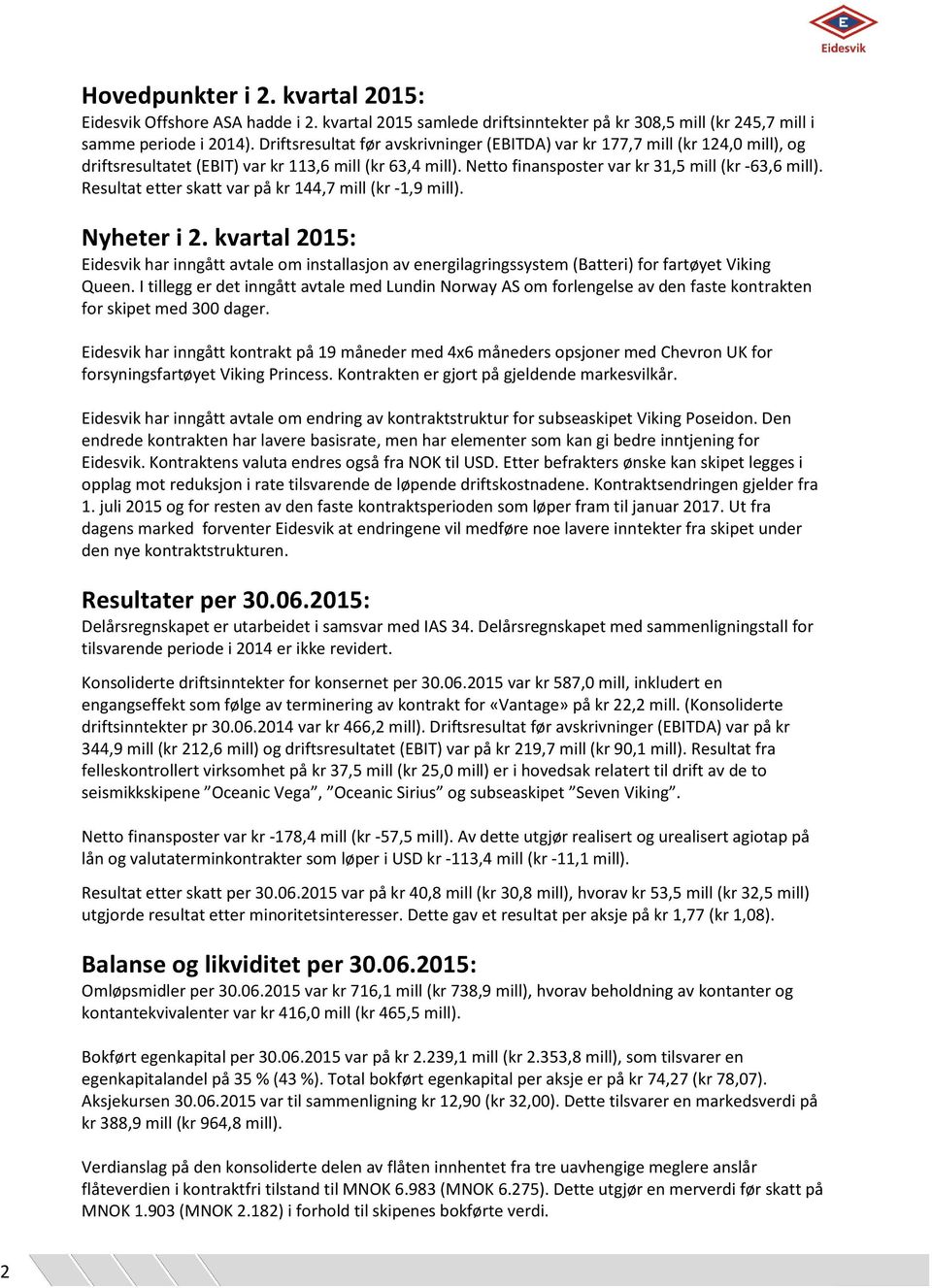 Resultat etter skatt var på kr 144,7 mill (kr -1,9 mill). Nyheter i : Eidesvik har inngått avtale om installasjon av energilagringssystem (Batteri) for fartøyet Viking Queen.