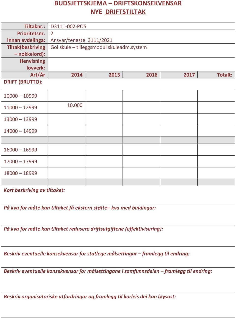 000 13000 13999 14000 14999 16000 16999 17000 17999 18000 18999 Kort beskriving av tiltaket: På kva for måte kan tiltaket få ekstern støtte kva med bindingar: På kva for måte kan tiltaket