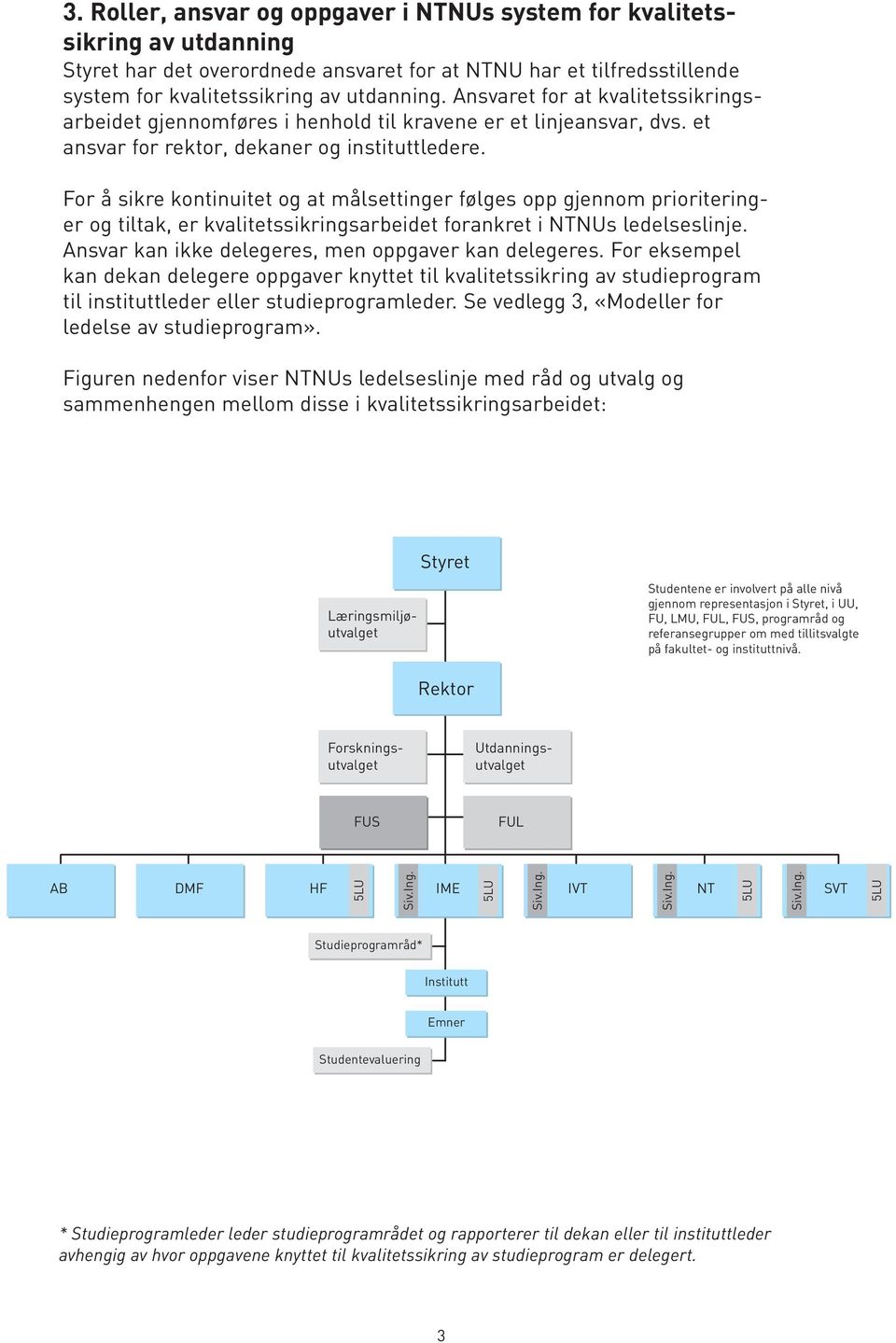 For å sikre kontinuitet og at målsettinger følges opp gjennom prioriteringer og tiltak, er kvalitetssikringsarbeidet forankret i NTNUs ledelseslinje.