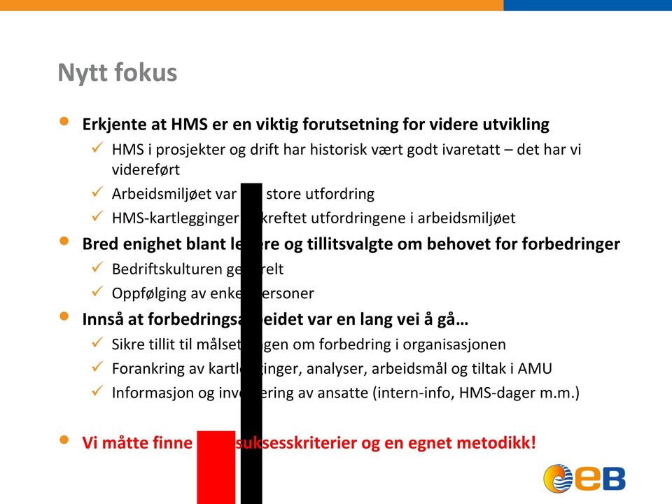 Bedriftskulturen generelt Oppfølging av enkeltpersoner Innså at forbedringsarbeidet var en lang vei å gå Sikre tillit til målsetningen om forbedring i organisasjonen