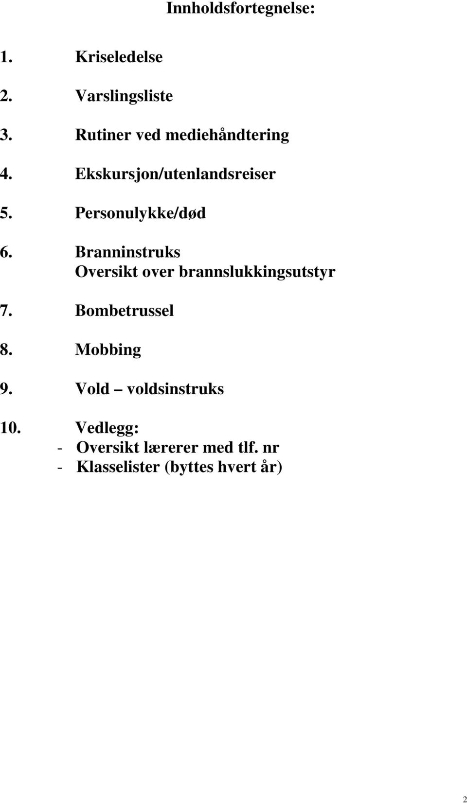 Personulykke/død 6. Branninstruks Oversikt over brannslukkingsutstyr 7.