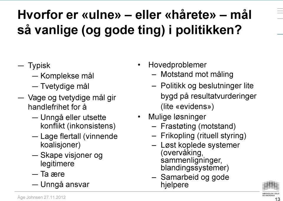 (vinnende koalisjoner) Skape visjoner og legitimere Ta ære Unngå ansvar Hovedproblemer Motstand mot måling Politikk og beslutninger lite bygd