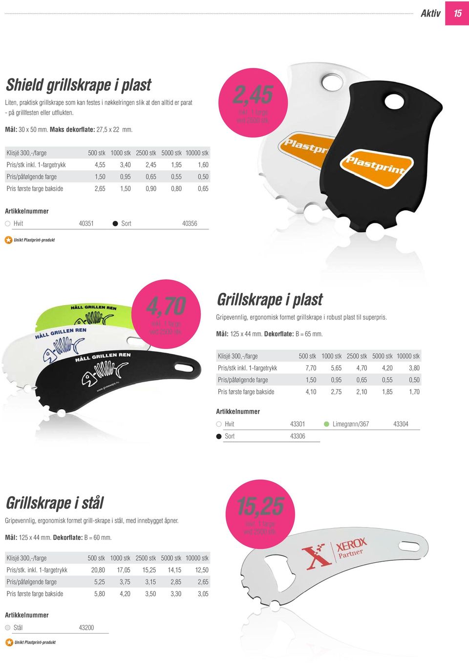 1-fargetrykk 4,55 3,40 2,45 1,95 1,60 Pris/påfølgende farge 1,50 0,95 0,65 0,55 0,50 Pris første farge bakside 2,65 1,50 0,90 0,80 0,65 Hvit 40351 Sort 40356 Unikt Plastprint-produkt 4,70 ved 2500