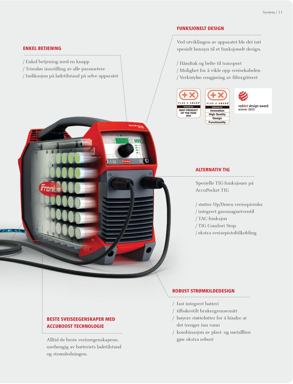 / Håndtak og belte til transport / Mulighet for å vikle opp sveisekabelen / Verktøyløs rengjøring av filtergitteret ALTERNATIV TIG Spesielle TIG-funksjoner på AccuPocket TIG / støtter Up/Down