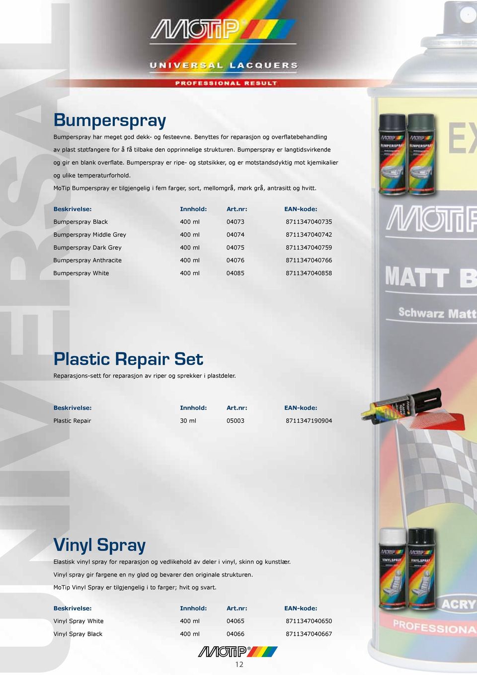 MoTip Bumperspray er tilgjengelig i fem farger, sort, mellomgrå, mørk grå, antrasitt og hvitt. Beskrivelse: Innhold: Art.