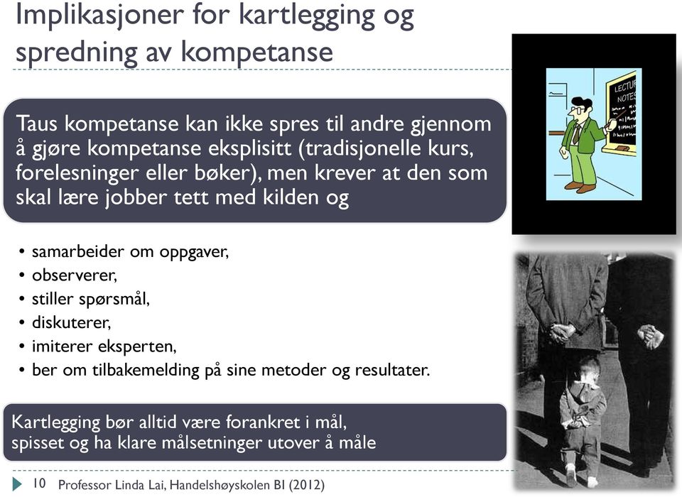 om oppgaver, observerer, stiller spørsmål, diskuterer, imiterer eksperten, ber om tilbakemelding på sine metoder og resultater.