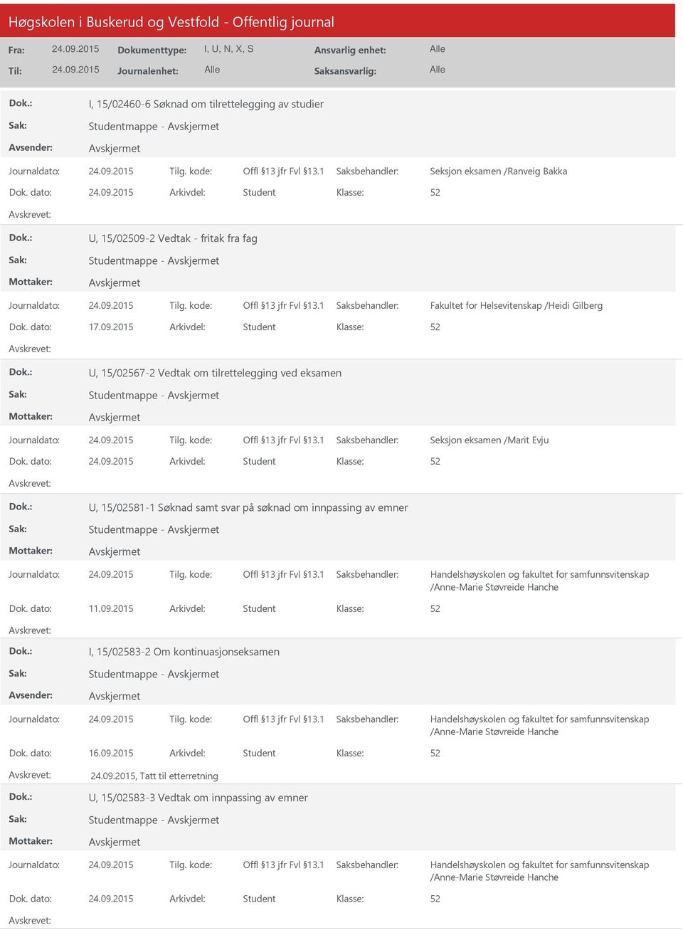 dato: Arkivdel: Student, 15/02581-1 Søknad samt svar på søknad om innpassing av emner Studentmappe - Dok. dato: 11.09.