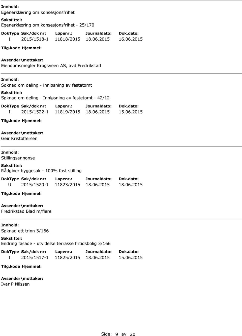 11819/2015 Geir Kristoffersen nnhold: Stillingsannonse Rådgiver byggesak - 100% fast stilling 2015/1520-1 11823/2015 Fredrikstad Blad