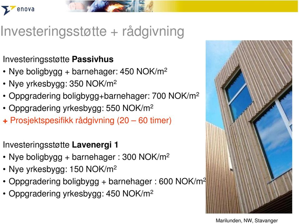 rådgivning (20 60 timer) Investeringsstøtte Lavenergi 1 Nye boligbygg + barnehager : 300 NOK/m 2 Nye yrkesbygg: 150