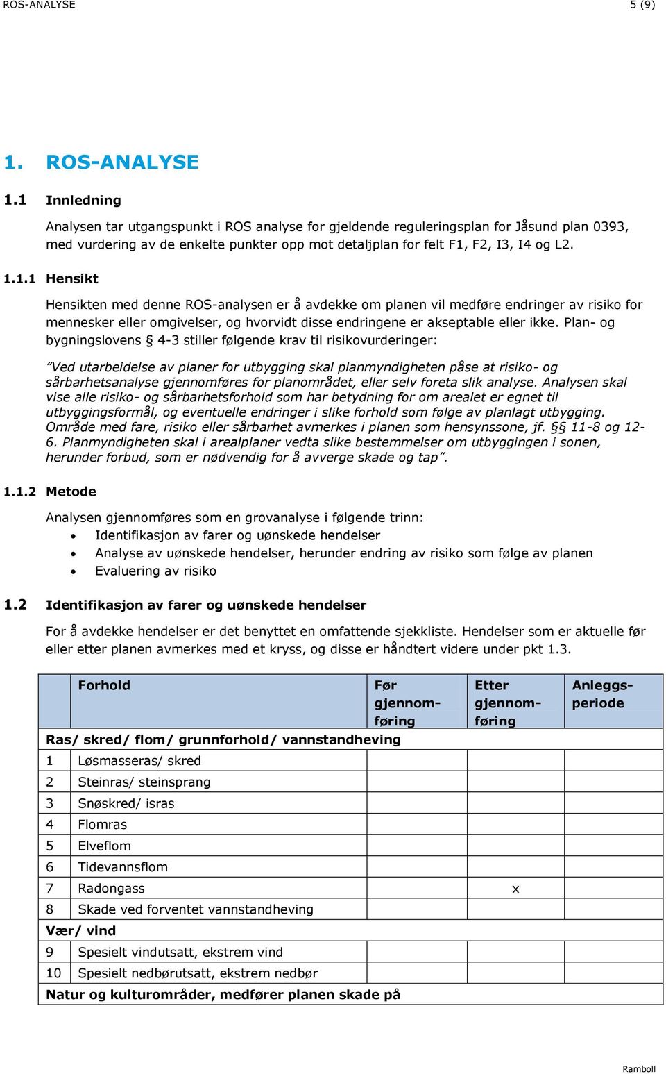 Plan- og bygningslovens 4-3 stiller følgende krav til risikovurderinger: Ved utarbeidelse av planer for utbygging skal planmyndigheten påse at risiko- og sårbarhetsanalyse gjennomføres for