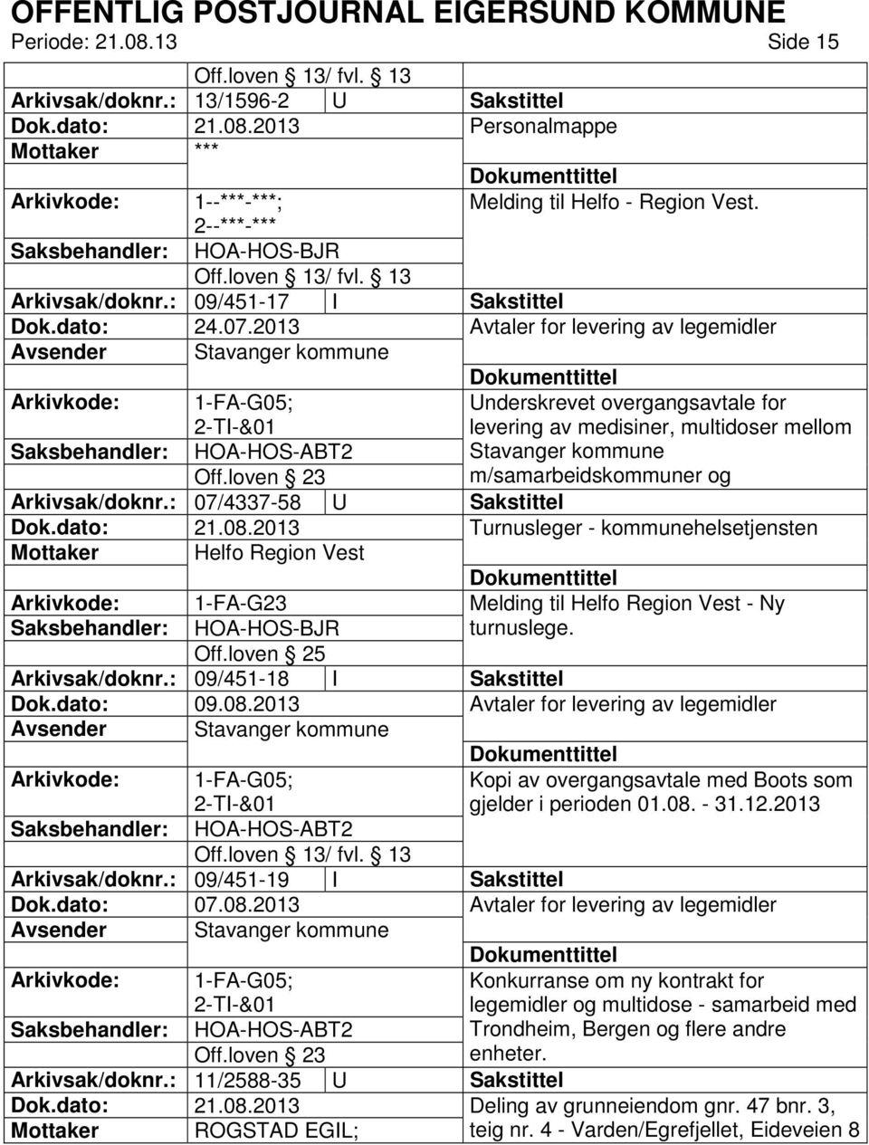 loven 23 Stavanger kommune m/samarbeidskommuner og Arkivsak/doknr.