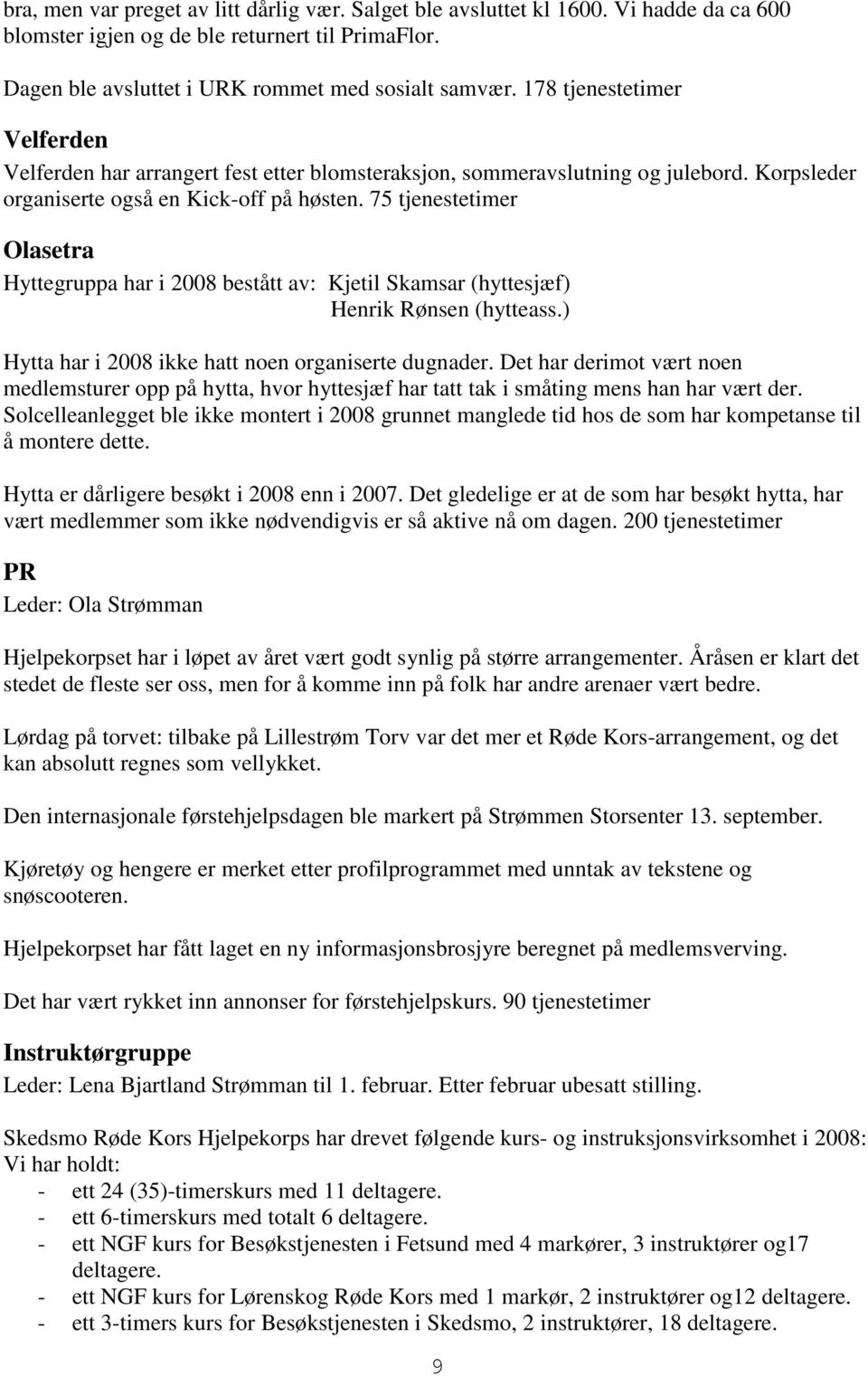 75 tjenestetimer Olasetra Hyttegruppa har i 2008 bestått av: Kjetil Skamsar (hyttesjæf) Henrik Rønsen (hytteass.) Hytta har i 2008 ikke hatt noen organiserte dugnader.