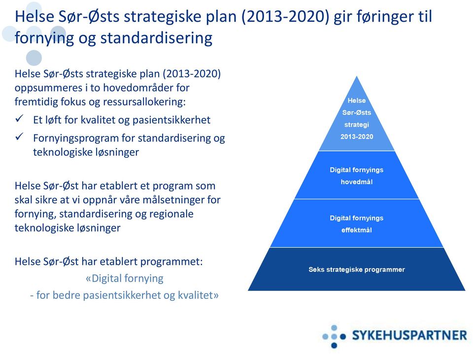 2013-2020 Digital fornyings Helse Sør-Øst har etablert et program som skal sikre at vi oppnår våre målsetninger for fornying, standardisering og regionale teknologiske