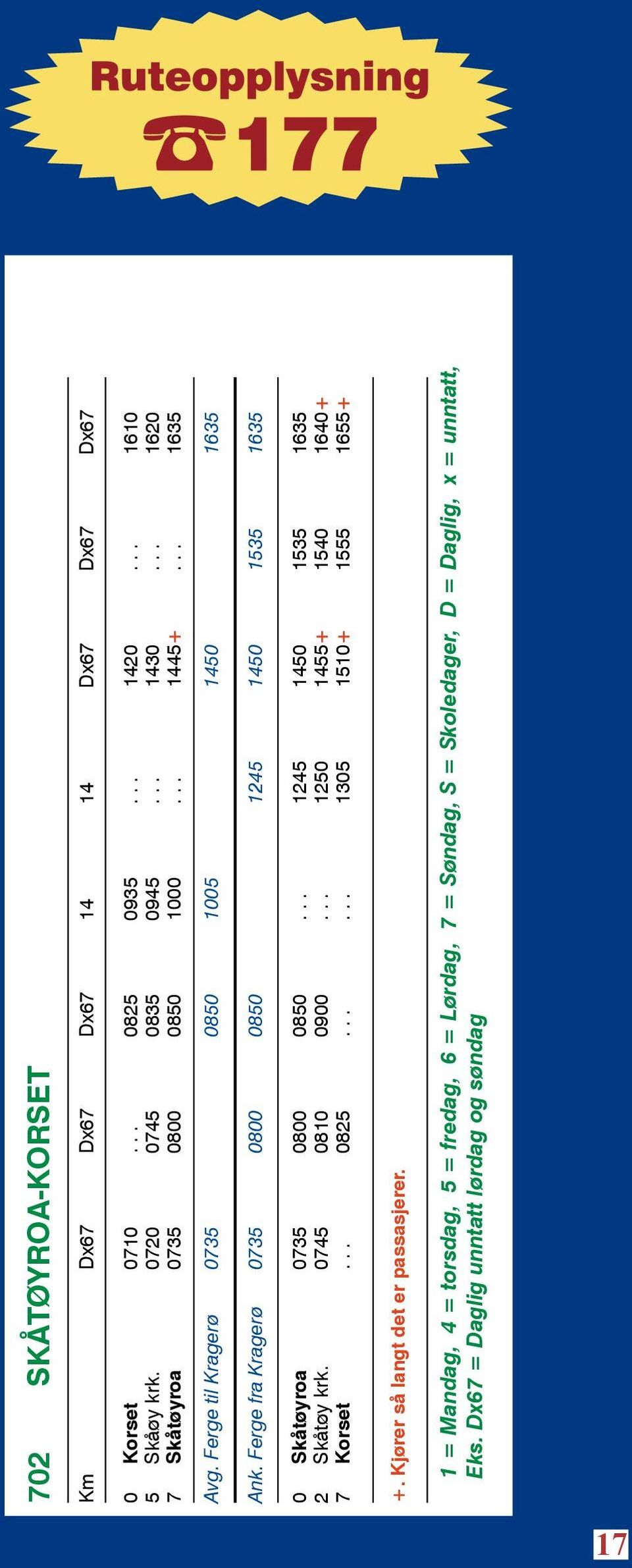 Ferge fra Kragerø 0735 0800 0850 1245 1450 1535 1635 0 Skåtøyroa 0735 0800 0850... 1245 1450 1535 1635 2 Skåtøy krk. 0745 0810 0900.