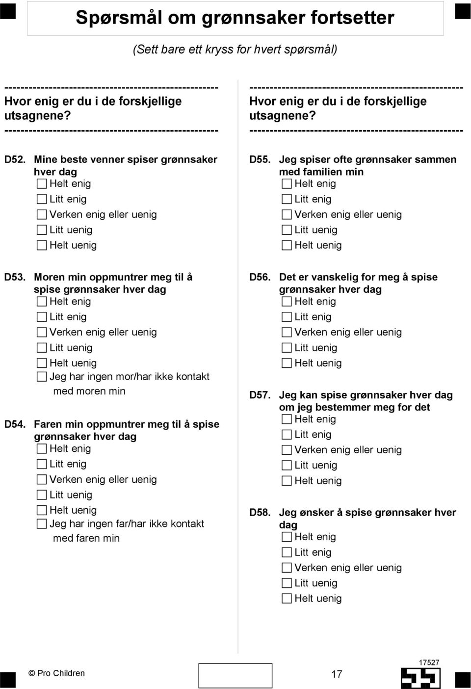 Moren min oppmuntrer meg til å spise grønnsaker hver dag Jeg har ingen mor/har ikke kontakt med moren min D54.