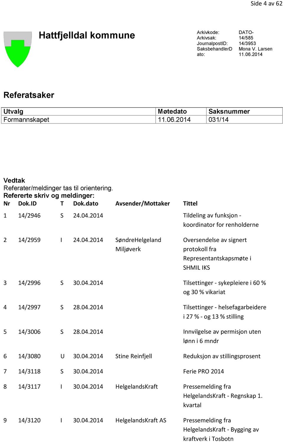2014 Tildeling av funksjon - koordinator for renholderne 2 14/2959 I 24.04.2014 SøndreHelgeland Miljøverk Oversendelse av signert protokoll fra Representantskapsmøte i SHMIL IKS 3 14/2996 S 30.04.2014 Tilsettinger - sykepleiere i 60 % og 30 % vikariat 4 14/2997 S 28.