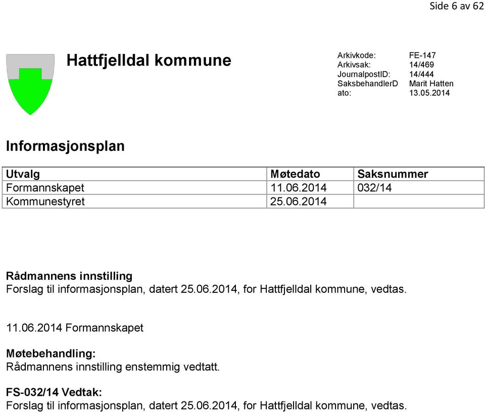 2014 032/14 Kommunestyret 25.06.2014 Rådmannens innstilling Forslag til informasjonsplan, datert 25.06.2014, for Hattfjelldal kommune, vedtas.