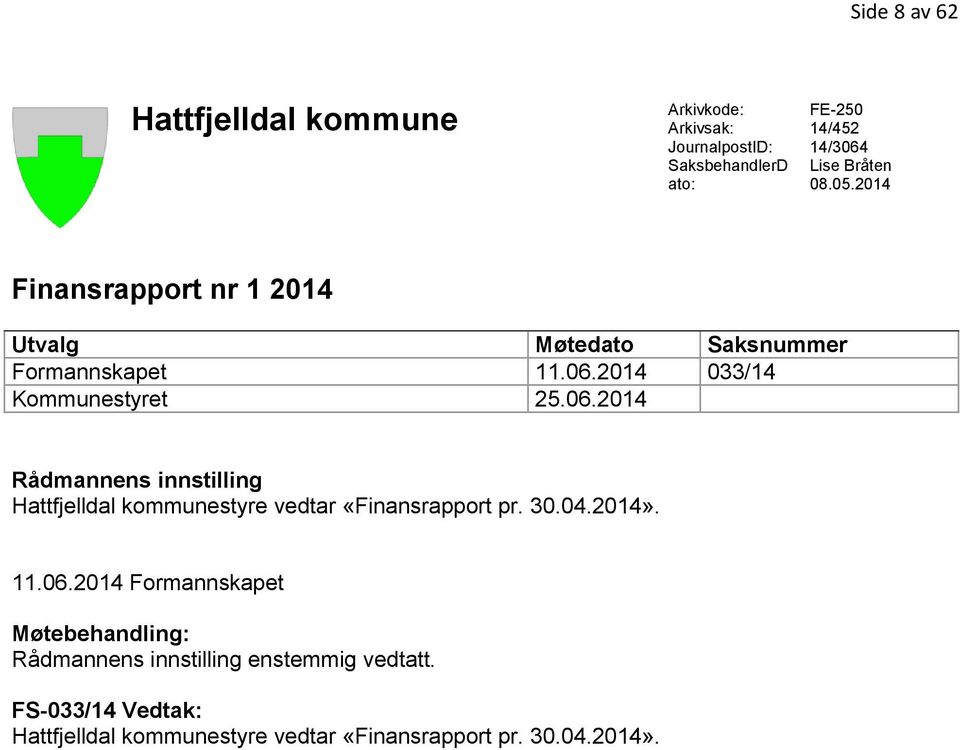 2014 033/14 Kommunestyret 25.06.2014 Rådmannens innstilling Hattfjelldal kommunestyre vedtar «Finansrapport pr. 30.04.2014».