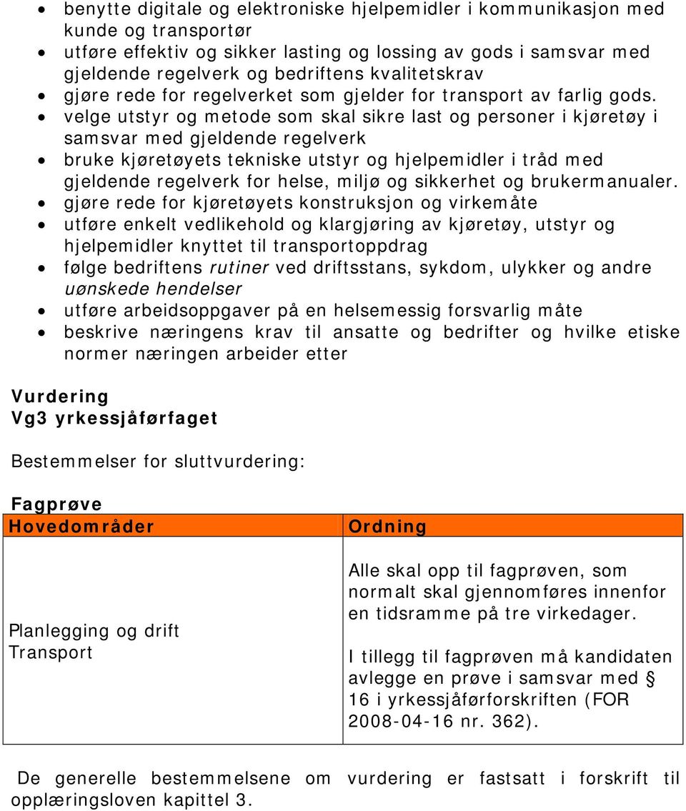 velge utstyr og metode som skal sikre last og personer i kjøretøy i samsvar med gjeldende regelverk bruke kjøretøyets tekniske utstyr og hjelpemidler i tråd med gjeldende regelverk for helse, miljø