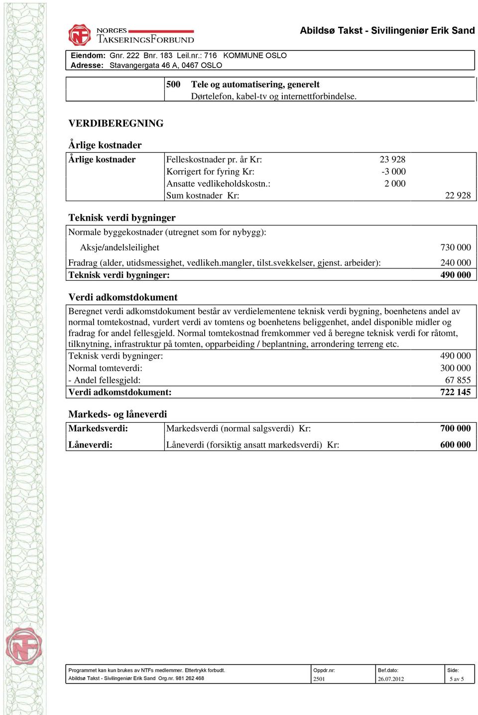 : 2 000 Sum kostnader Kr: 22 928 Teknisk verdi bygninger Normale byggekostnader (utregnet som for nybygg): 730 000 Fradrag (alder, utidsmessighet, vedlikeh.mangler, tilst.svekkelser, gjenst.