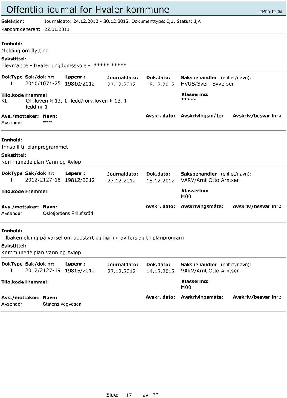 loven 13, 1 ledd nr 1 ***** Avsender ***** nnspill til planprogrammet Kommunedelplan Vann og Avløp 2012/