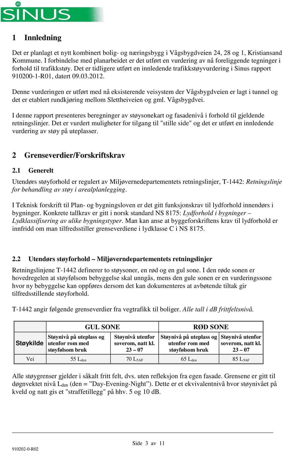 Det er tidligere utført en innledende trafikkstøyvurdering i Sinus rapport 910200-1-R01, datert 09.03.2012.