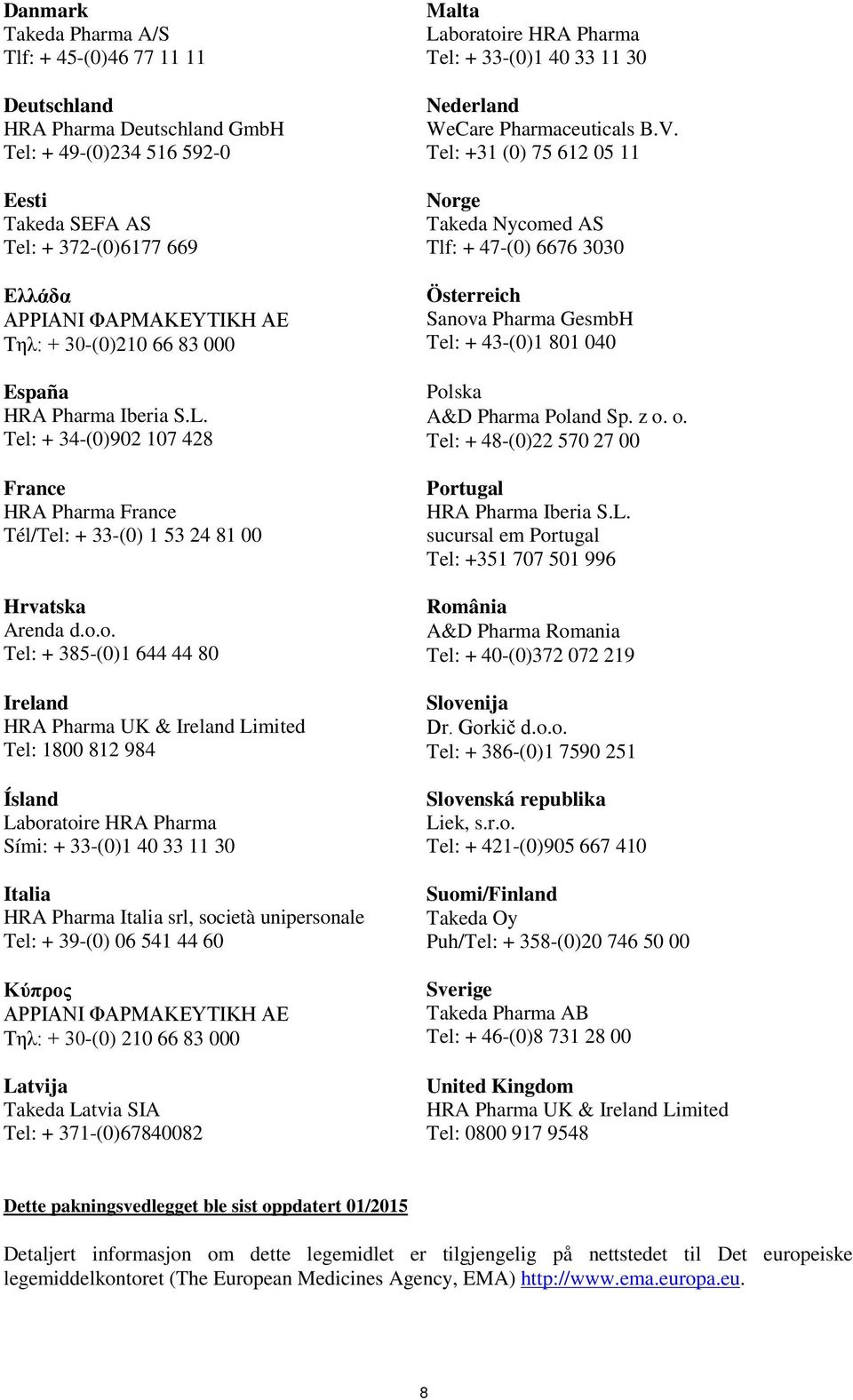 o. Tel: + 385-(0)1 644 44 80 Ireland HRA Pharma UK & Ireland Limited Tel: 1800 812 984 Ísland Sími: + 33-(0)1 40 33 11 30 Italia HRA Pharma Italia srl, società unipersonale Tel: + 39-(0) 06 541 44 60