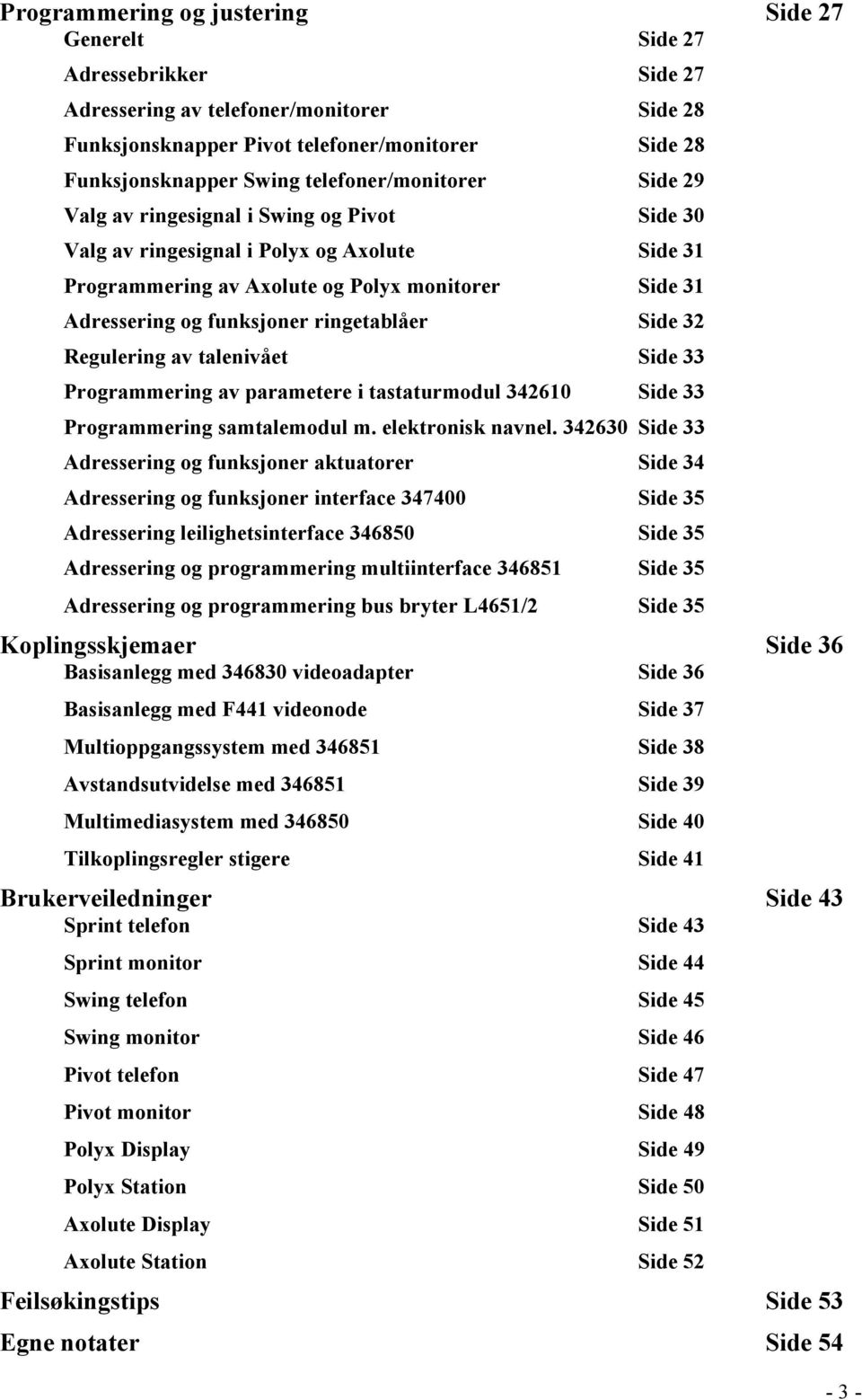 ringetablåer Side 32 Regulering av talenivået Side 33 Programmering av parametere i tastaturmodul 342610 Side 33 Programmering samtalemodul m. elektronisk navnel.