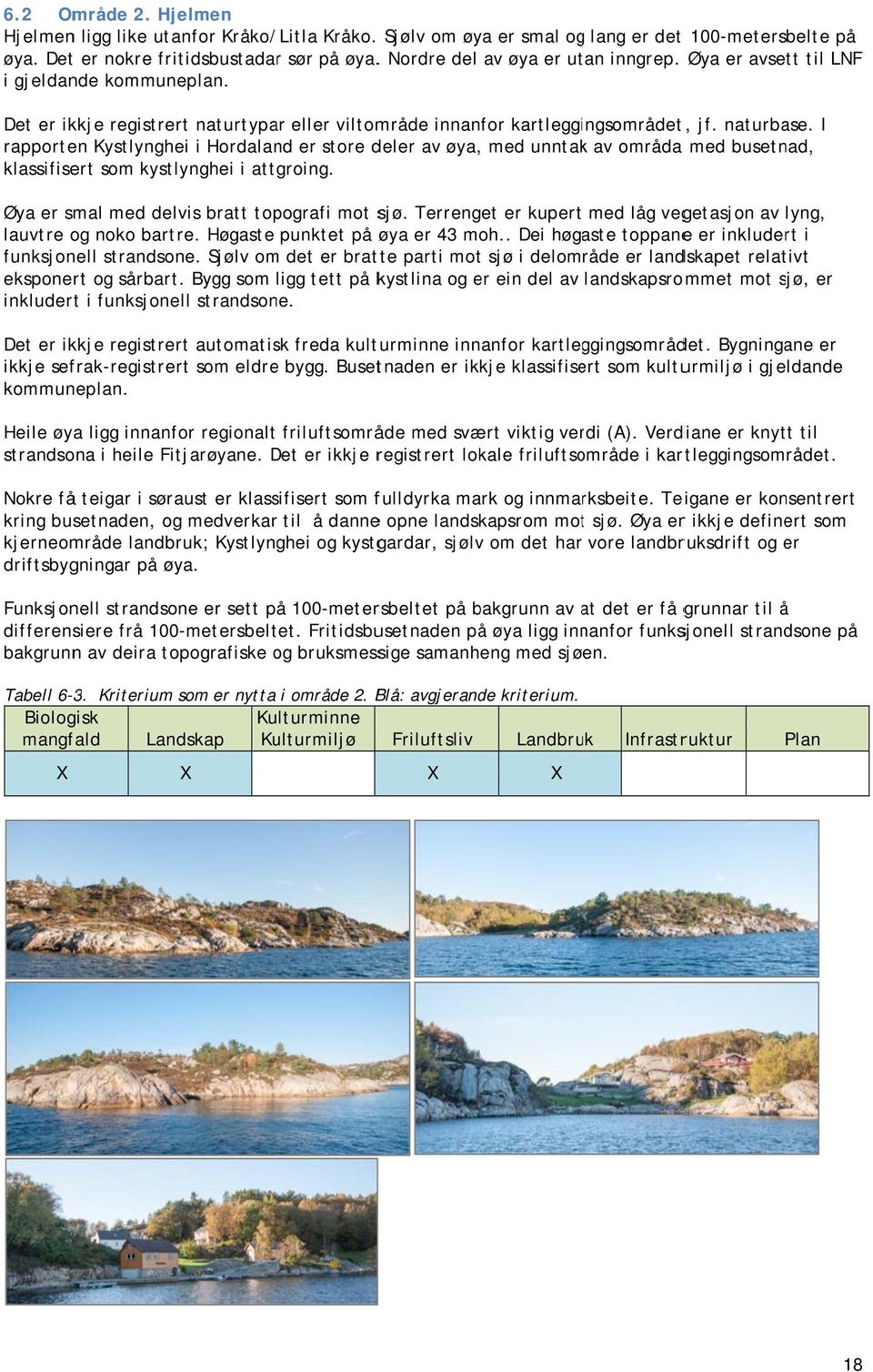 I rapporten Kystlynghei i Hordaland er store deler av øya, med unntakk av områda med busetnad, klassifisert som kystlynghei i attgroing. Øya er smal med delvis bratt topografi mot sjø.