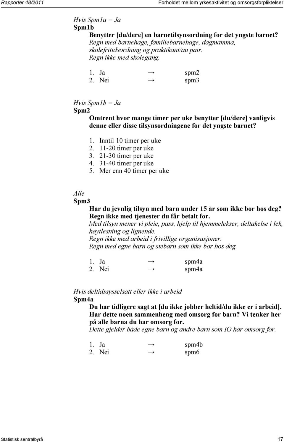 Nei spm3 Hvis Spm1b = Ja Spm2 Omtrent hvor mange timer per uke benytter [du/dere] vanligvis denne eller disse tilsynsordningene for det yngste barnet? 1. Inntil 10 timer per uke 2.