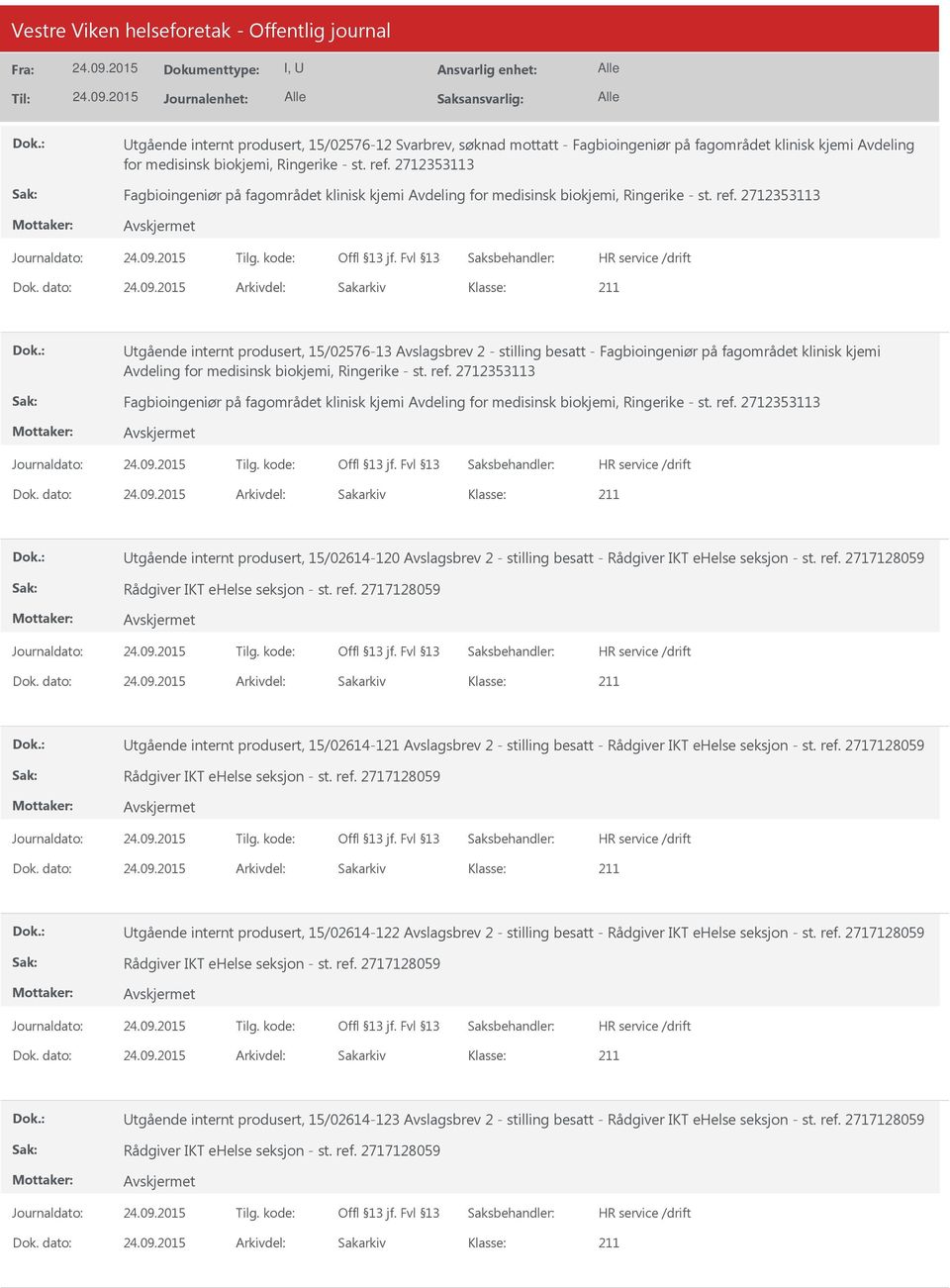 dato: Arkivdel: Sakarkiv Utgående internt produsert, 15/02576-13 Avslagsbrev 2 - stilling besatt - Fagbioingeniør på fagområdet klinisk kjemi Avdeling for medisinsk biokjemi, Ringerike - st. ref.