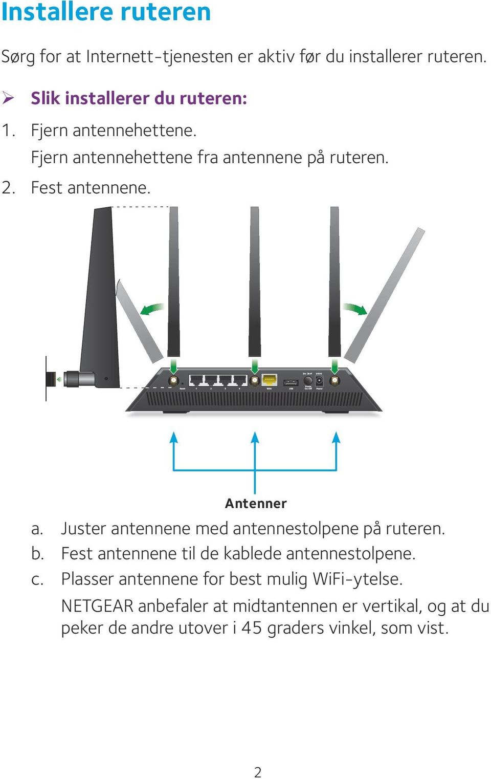 Fest antennene. Antenner a. Juster antennene med antennestolpene på ruteren. b.