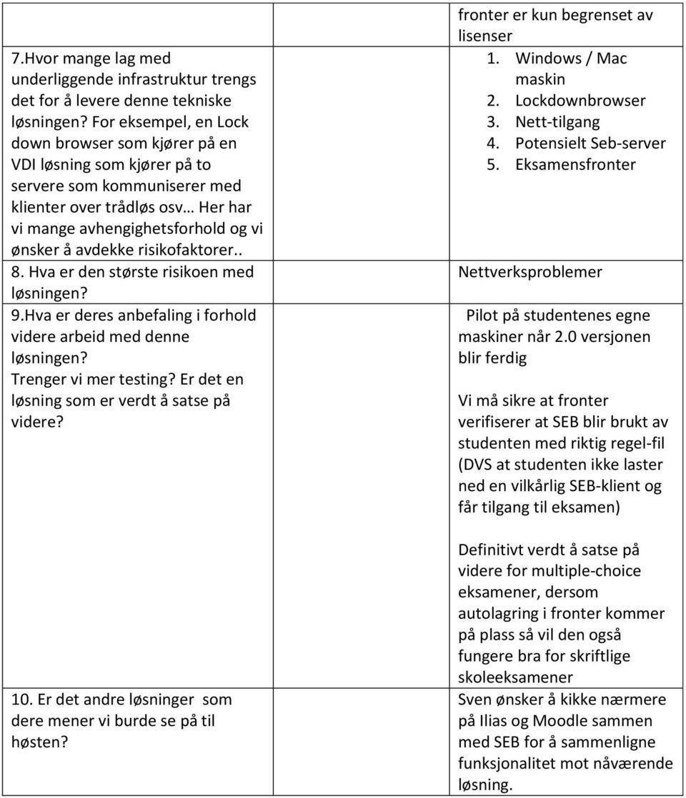 risikofaktorer.. 8. Hva er den største risikoen med løsningen? 9.Hva er deres anbefaling i forhold videre arbeid med denne løsningen? Trenger vi mer testing?