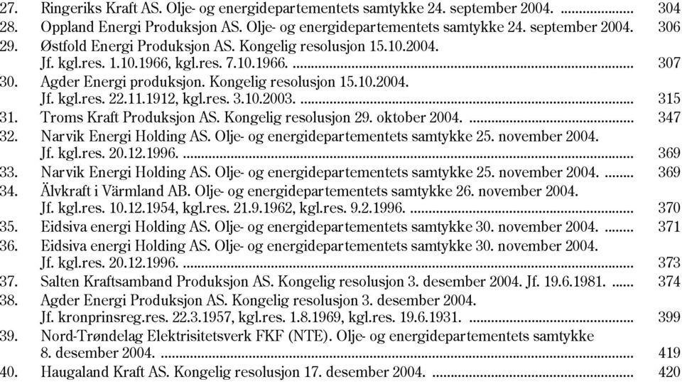 1912, kgl.res. 3.10.2003.... 315 31. Troms Kraft Produksjon AS. Kongelig resolusjon 29. oktober 2004.... 347 32. Narvik Energi Holding AS. Olje- og energidepartementets samtykke 25. november 2004. Jf.