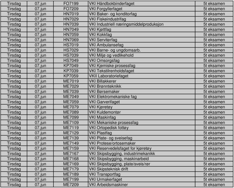 jun HN7059 VKI Kokkfag 5t eksamen Tirsdag 07.jun HN7069 VKI Servitørfag 5t eksamen Tirsdag 07.jun HS7019 VKI Ambulansefag 5t eksamen Tirsdag 07.jun HS7029 VKI Barne- og ungdomsarb.