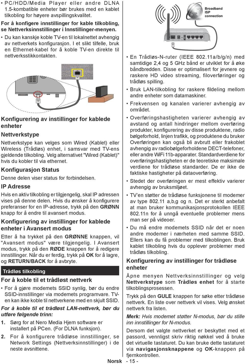 Du kan kanskje koble TV-en til lokalnettet avhengig av nettverkets konfigurasjon. I et slikt tilfelle, bruk en Ethernet-kabel for å koble TV-en direkte til nettverksstikkontakten.