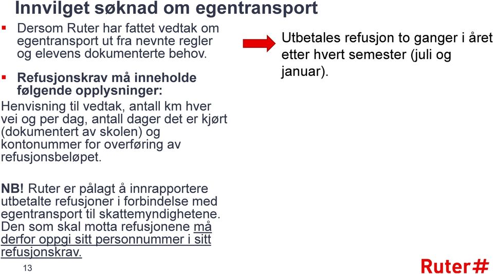 og kontonummer for overføring av refusjonsbeløpet. Utbetales refusjon to ganger i året etter hvert semester (juli og januar). NB!