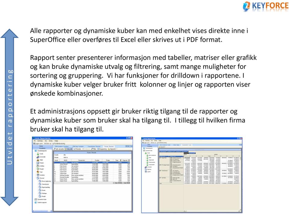 mange muligheter for sortering og gruppering. Vi har funksjoner for drilldown i rapportene.