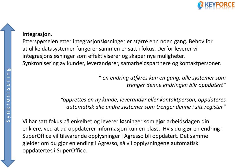 S y n k r o n i s e r i n g en endring utføres kun en gang, alle systemer som trenger denne endringen blir oppdatert opprettes en ny kunde, leverandør eller kontaktperson, oppdateres automatisk alle