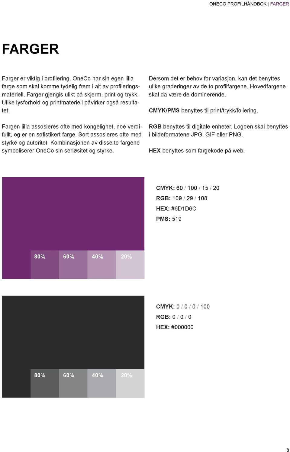 Sort assosieres ofte med styrke og autoritet. Kombinasjonen av disse to fargene symboliserer OneCo sin seriøsitet og styrke.