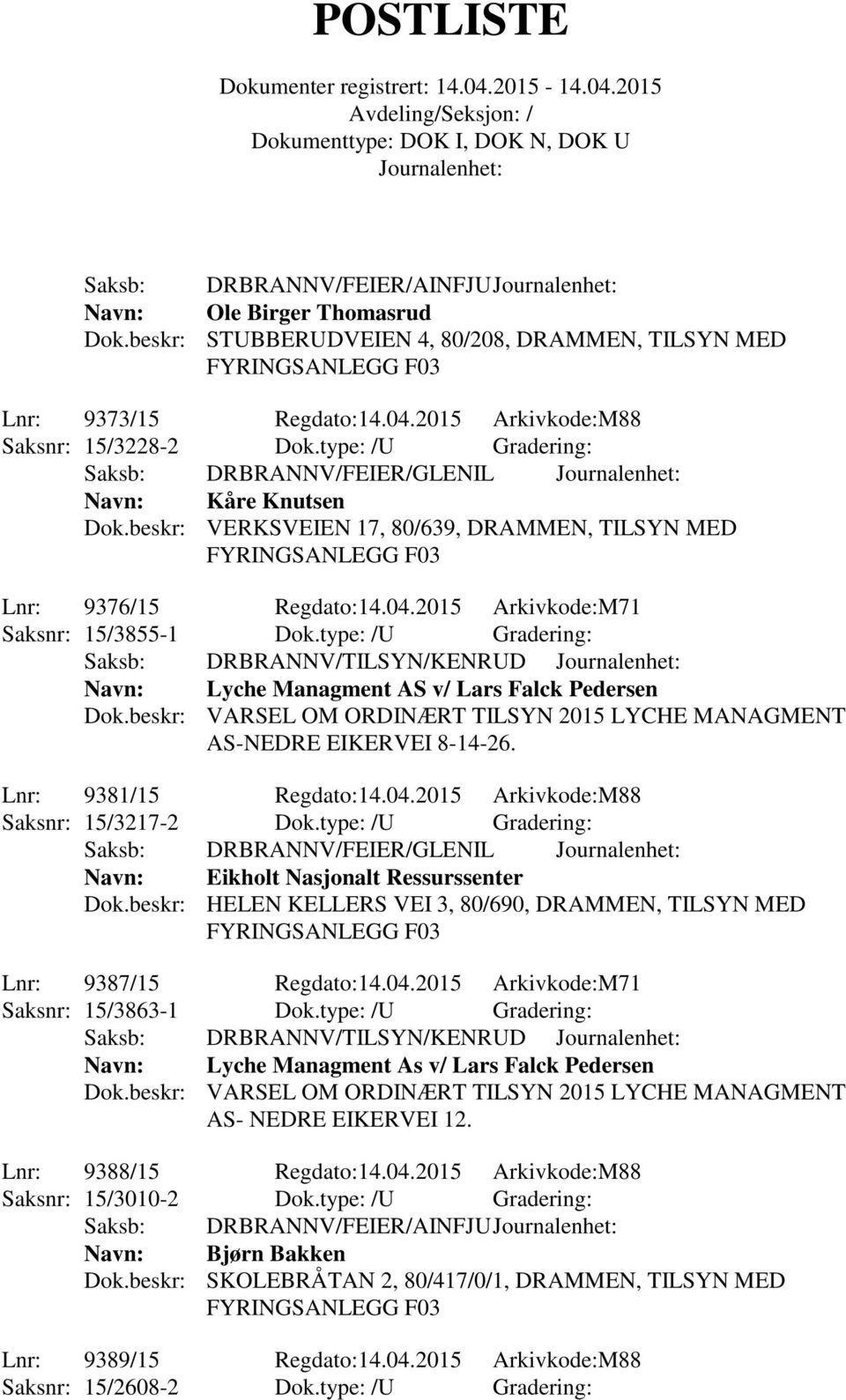 type: /U Gradering: Saksb: DRBRANNV/TILSYN/KENRUD Navn: Lyche Managment AS v/ Lars Falck Pedersen Dok.beskr: VARSEL OM ORDINÆRT TILSYN 2015 LYCHE MANAGMENT AS-NEDRE EIKERVEI 8-14-26.