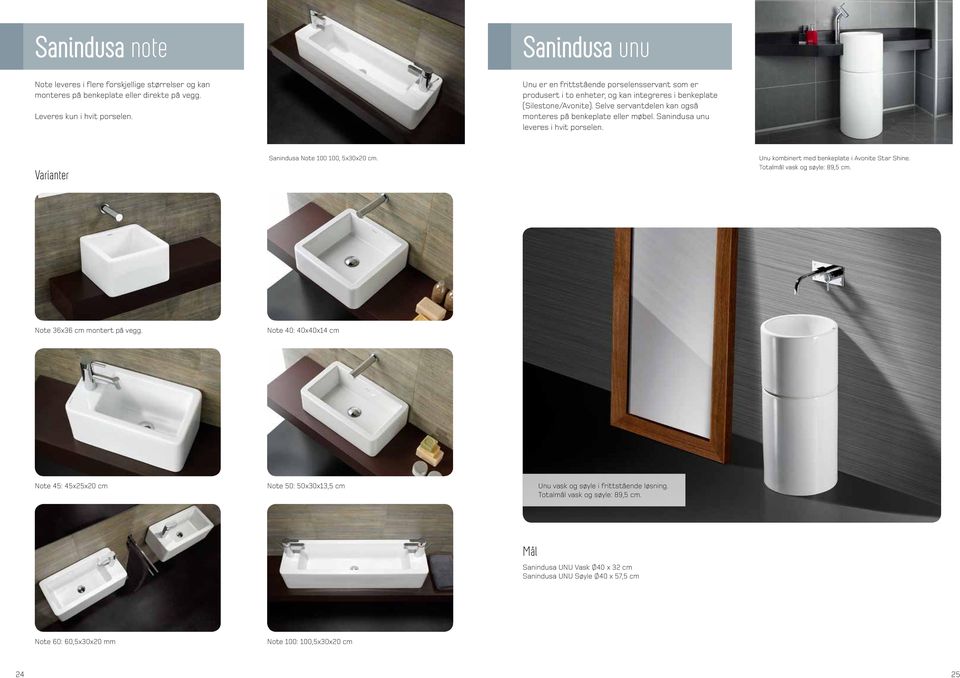 Sanindusa unu leveres i hvit porselen. Varianter Sanindusa Note 100 100, 5x30x20 cm. Unu kombinert med benkeplate i Avonite Star Shine. Totalmål vask og søyle: 89,5 cm. Note 36x36 cm montert på vegg.