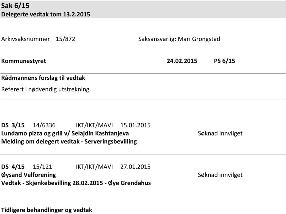 pizza og grill v/ Selajdin Kashtanjeva Melding om delegert vedtak - Serveringsbevilling Søknad innvilget DS 4/15 15/121
