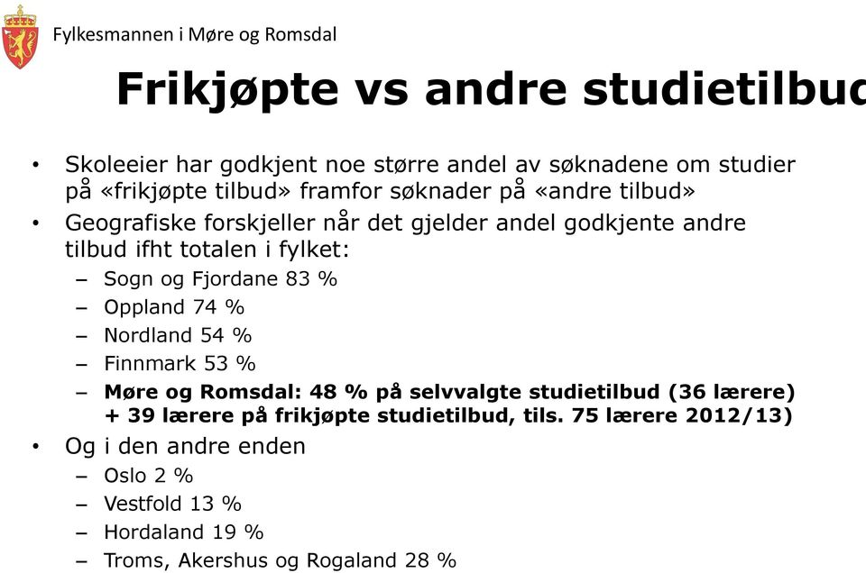 Fjordane 83 % Oppland 74 % Nordland 54 % Finnmark 53 % Møre og Romsdal: 48 % på selvvalgte studietilbud (36 lærere) + 39 lærere på