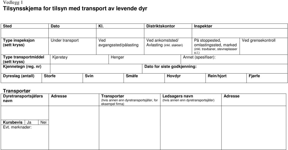 slakteri) På stoppested, omlastingssted, marked (inkl. travbaner, stevneplasser o.l.) Type transportmiddel Kjøretøy Henger Annet (spesifiser): (sett kryss) Kjennetegn (reg.