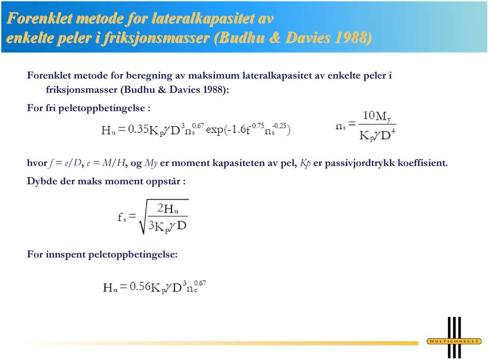 (Budhu & Davies 1988): For fri peletoppbetingelse : hvor f = e/d, e = M/H, og My er moment